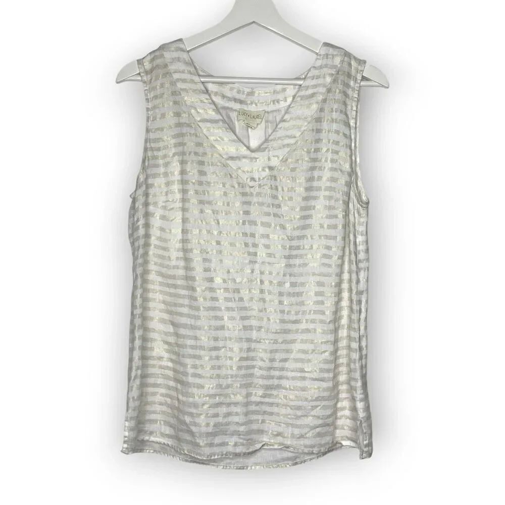 Lucy & Laurel Metallic Stripe 100% Linen Tank Gold and White Women’s Size Large